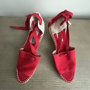 Jacques Levine Red Espadrille Wedge Sandals Size 8 Made in Spain Lace-Up NWOT